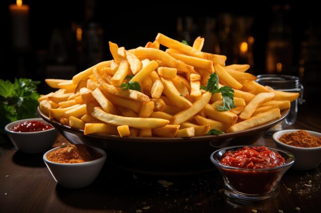 Foto vistas deliciosas de batatas fritas deliciosas com fundo escuro de fast food hambur generativo ia