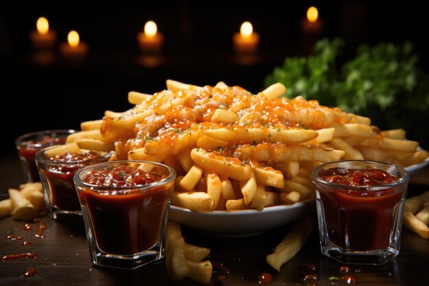 Foto vistas deliciosas de batatas fritas deliciosas com fundo escuro de fast food hambur generativo ia