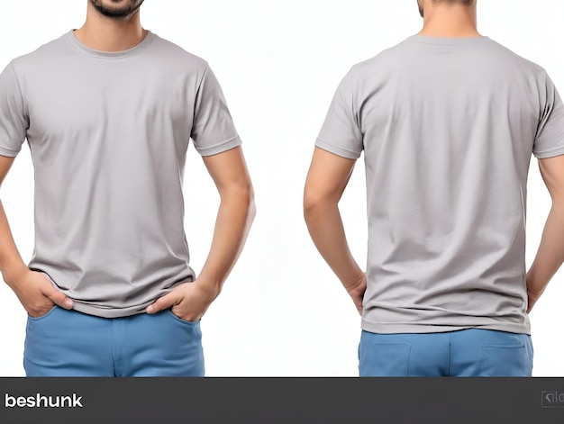 Vistas dianteiras e traseiras de um jovem de camisa cinzenta em fundo branco Mockup para design