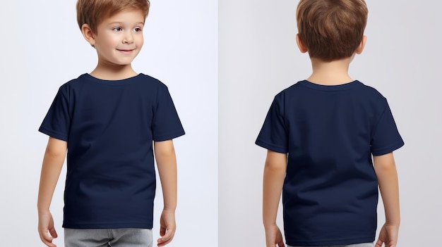 Vistas dianteiras e traseiras de um menino vestindo um modelo de camiseta da Marinha