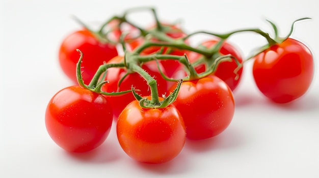 Foto vistas frescas y vívidas de tomates maduros enteros y cortados en rodajas sobre un fondo blanco