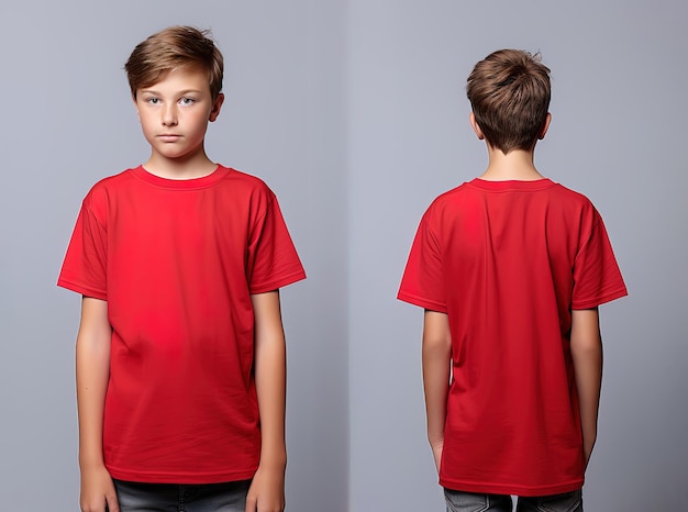Vistas frontal e traseira de um menino vestindo uma camiseta vermelha