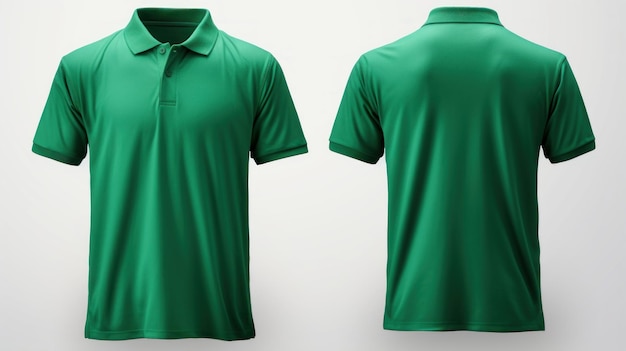 Vistas frontal e traseira de uma maquete de vestuário de camisa polo verde masculina isolada em estúdio de fundo branco