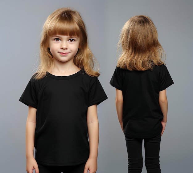 Vistas frontal y posterior de una niña con una camiseta negra