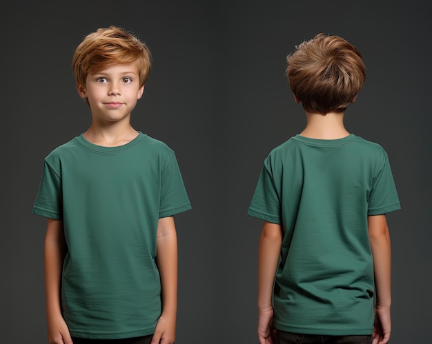 Vistas frontal y posterior de un niño pequeño con una camiseta verde