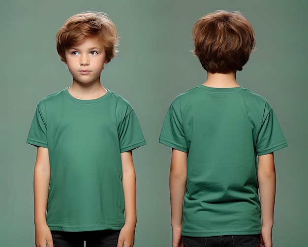 Vistas frontal y posterior de un niño pequeño con una camiseta verde