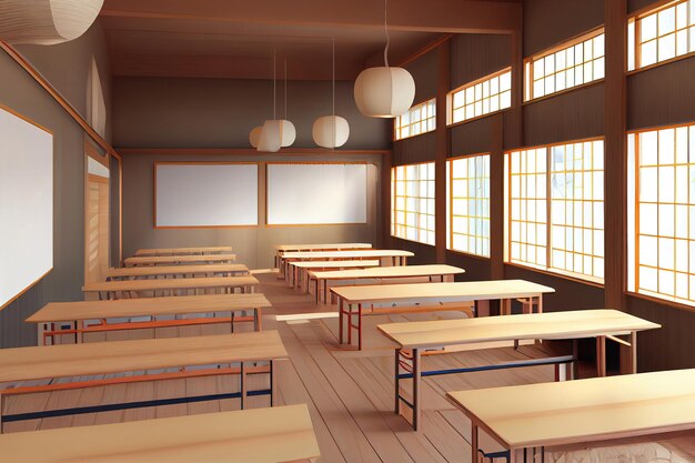 Vistas interiores de uma sala de aula de estilo japonês vazia renderização 3d Generative Ai