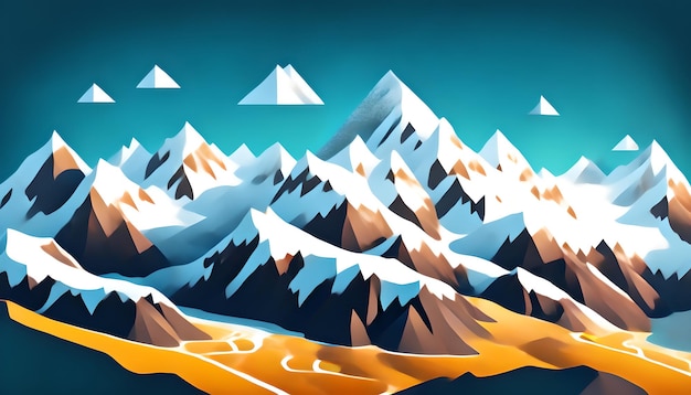 vistas a la montaña, montañas nevadas. Protector de pantalla en estilo de dibujos animados, diseño de juegos