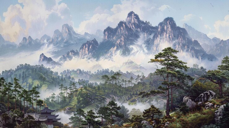 vistas a las montañas bosques de pinos y lota de animales Generar Ai