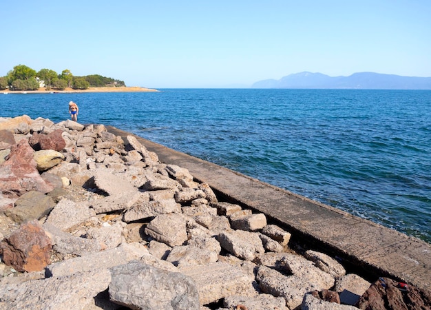 Vistas panorâmicas da praia de Evia na praia de Liani Ammos em Halkida Grécia em um dia ensolarado de verão