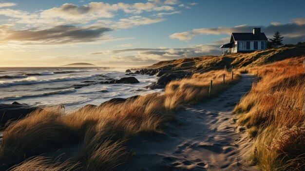 vistas de la playa del mar dunas de arena y casas con la belleza del amanecer