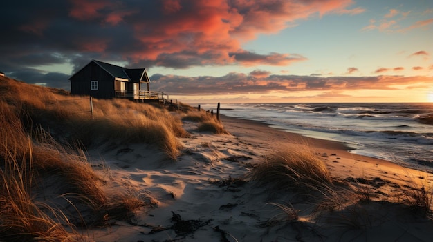 vistas de la playa del mar dunas de arena y casas con la belleza del amanecer