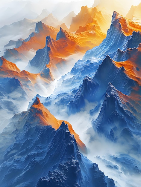 Las vistas psicológicas de las montañas distorsionan las figuras en vibrantes perspectivas aéreas