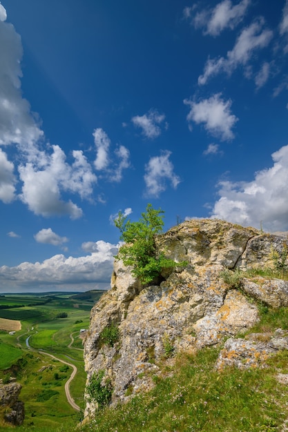 Vistas a los residuos de rocas calizas en el norte de Moldavia