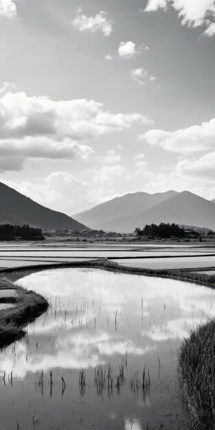 Vistas románticas de campos de arroz drenados y montañas al estilo Kintsukuroi