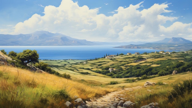 Vistas serenas de la costa Una pintura al óleo realista de una antigua isla griega