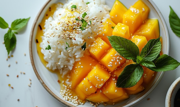 Vistas superiores de arroz pegajoso dulce con arreglo de postre tailandés de mango en fondo blanco