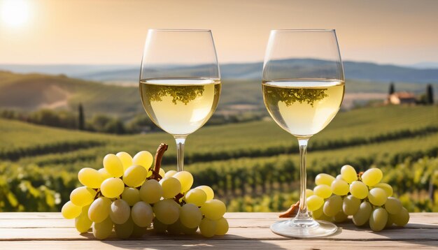 Vistas de viñedos, copas de vino blanco con un telón de fondo de cosecha