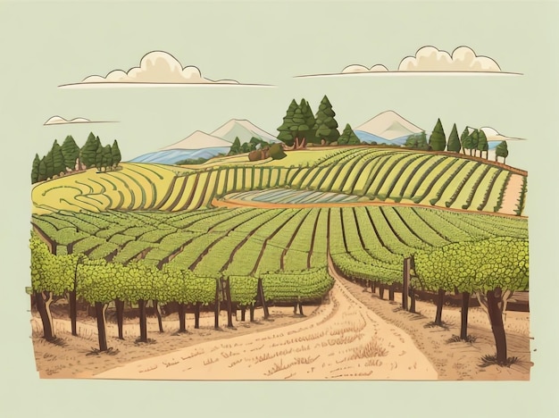 Vistas de viñedos Estilo de dibujos animados Dibujo vectorial de paisaje de viñedos