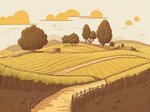 Vistas de viñedos Estilo de dibujos animados Dibujo vectorial de paisaje de viñedos