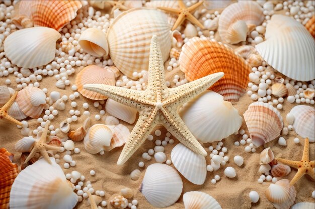 Un vistazo al océano, conchas marinas, perlas y estrellas de mar en un telón de fondo de 32