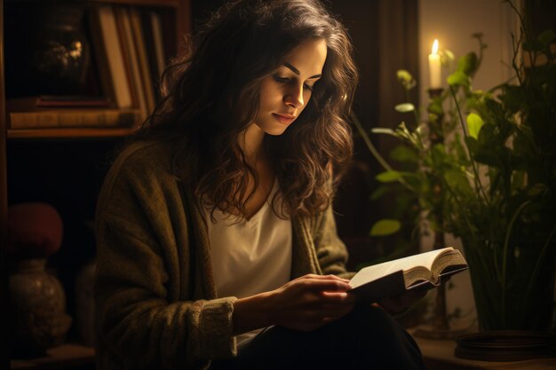 Un vistazo al pasado Una mujer inmersa en un viejo libro en casa