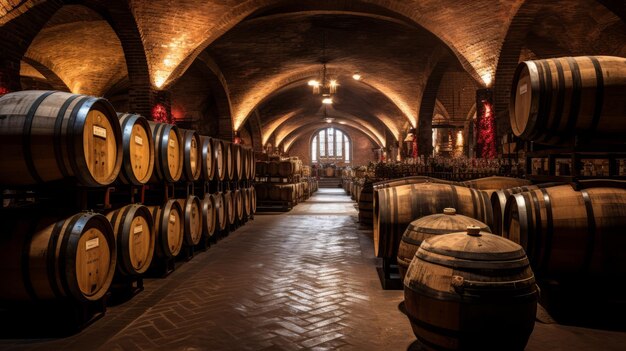 Un vistazo a los antiguos barriles de elaboración de vino en un techo abovedado de ladrillo bodega de vino AR 169