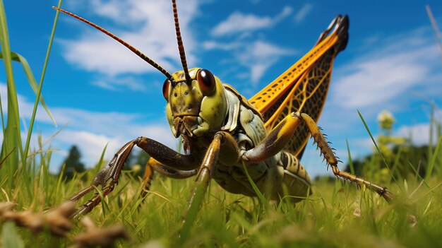 Un vistazo de cerca de un saltamontes en un día soleado