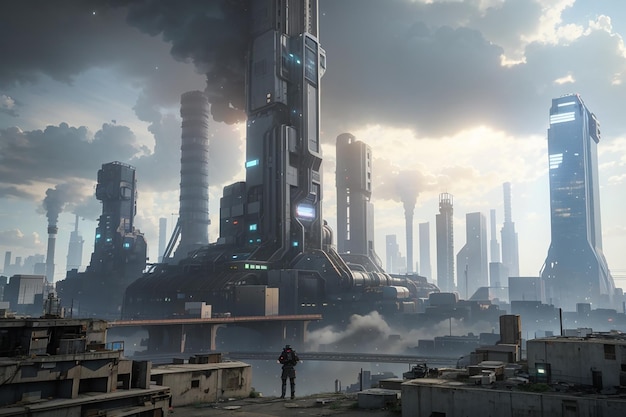 Un vistazo distópico a un mundo dominado por torres industriales y cielos contaminados