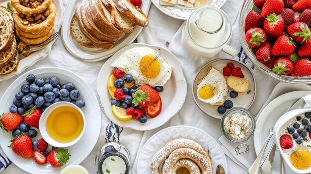 Foto un vistazo elevado del desayuno continental con una perspectiva cautivadora