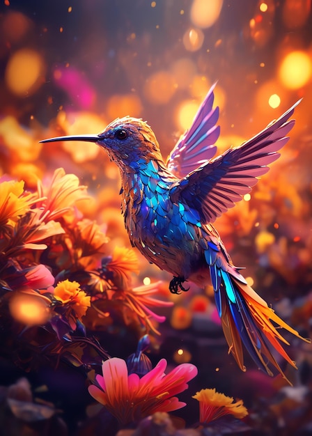 Un vistazo a una hermosa obra de arte con un colibrí de colores y flores vibrantes