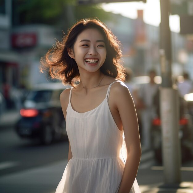 vistiendo vestido blanco sonrisa feliz natural