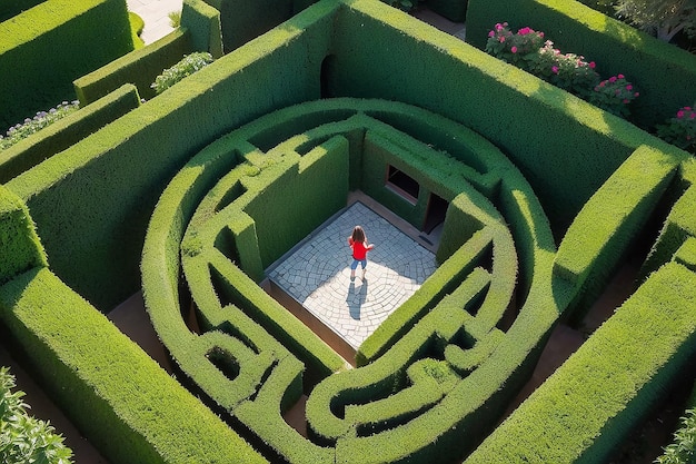 Foto visto de cima, uma menina corre através de um belo labirinto de cercas com um gazebo no centro