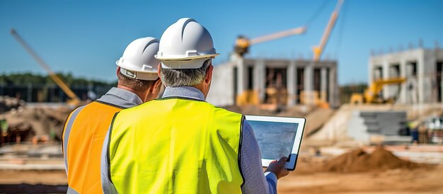 Foto visto por trás do arquiteto e do capataz de construção apontando para o projeto no tablet