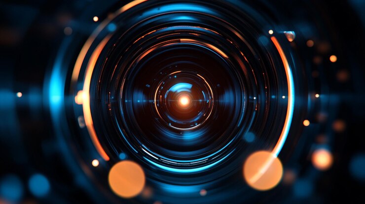 Visual abstracto de una lente circular con reflejos de luz azul y naranja en un espacio oscuro