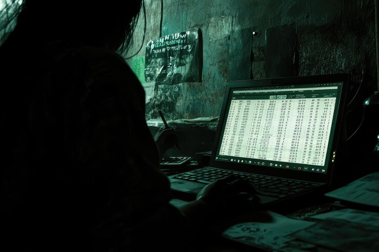 Foto visual de alta resolución de una mujer trabajando con hojas de cálculo en una computadora portátil de alto detalle 8k