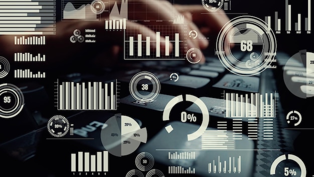 Visual creativo de big data comercial y análisis financiero en computadora que muestra el concepto de metodología de toma de decisiones de inversión estadística fintech e ingeniería financiera