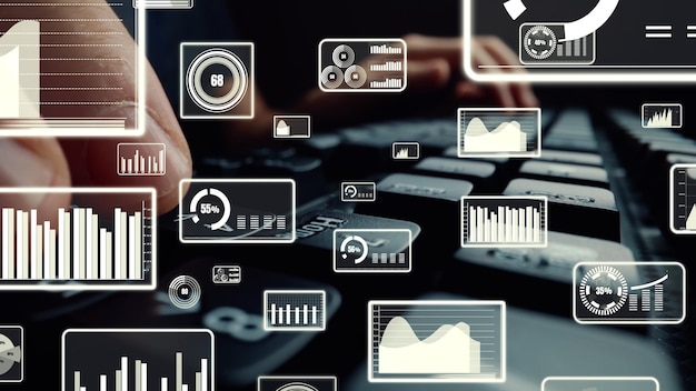 Visual creativo de big data comercial y análisis financiero en computadora que muestra el concepto de metodología de toma de decisiones de inversión estadística fintech e ingeniería financiera