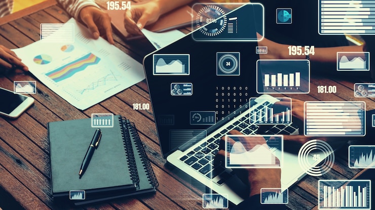 Foto visual creativo de la tecnología de análisis de datos comerciales.