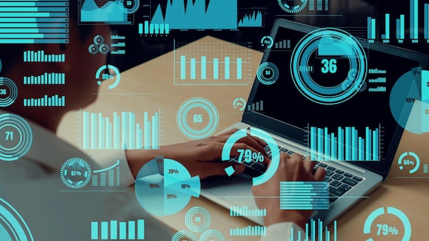 Visual creativo de la tecnología de análisis de datos comerciales.