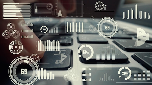 Visual criativo de big data de negócios e análise de finanças no computador mostrando o conceito de metodologia estatística de tomada de decisão de investimento fintech e engenharia financeira