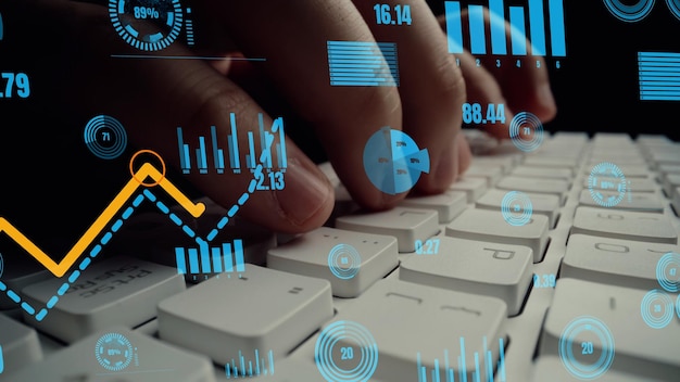 Visual criativo de big data de negócios e análise financeira no computador