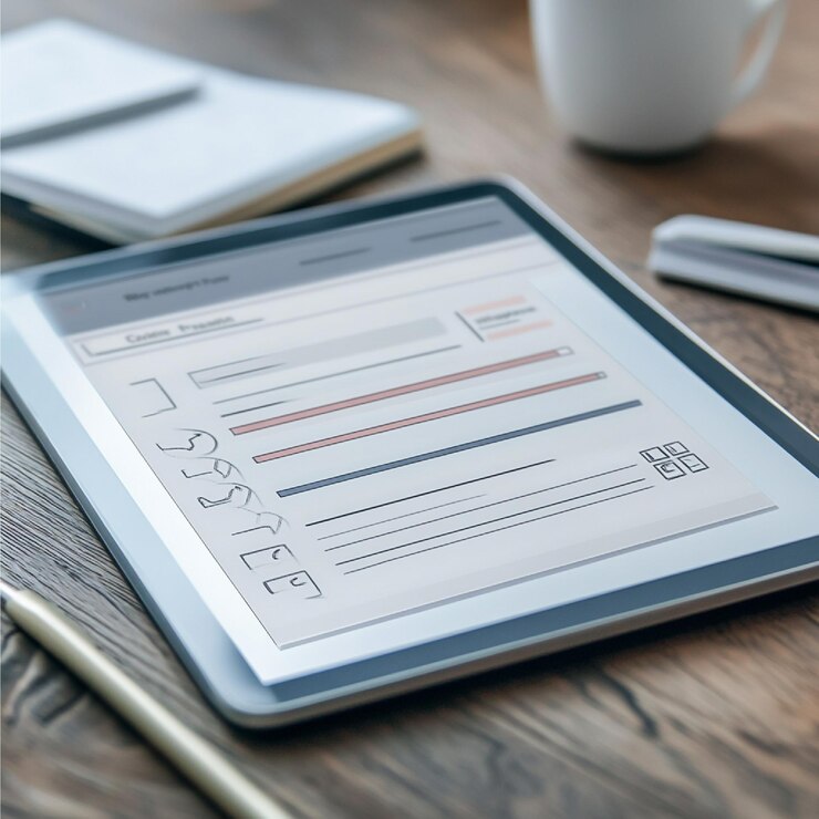 Foto visual de um formulário de feedback em um tablet digital mostrando vários campos de feedback do cliente