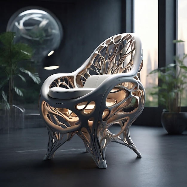 Foto visual de uma futura cadeira biomimética que representa a fusão entre tecnologia e natureza inspirada