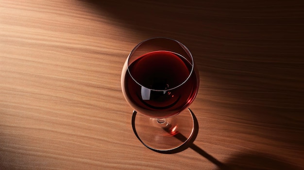 visual sofisticado con una vista aérea de una copa de vino tinto perfectamente vertida resaltada por sombras artísticas ideal para promover una experiencia de bebida de lujo