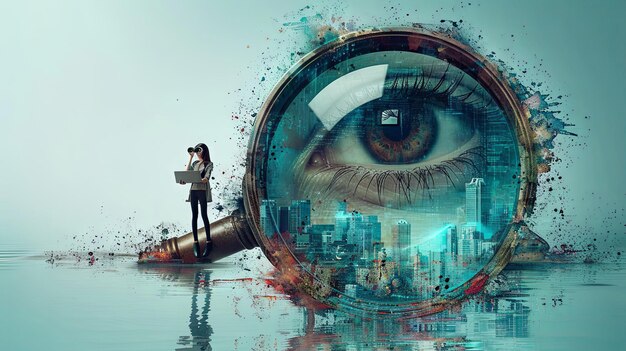 Foto visual surrealista de una mujer joven con binoculares por un ojo gigante con vistas a un paisaje urbano