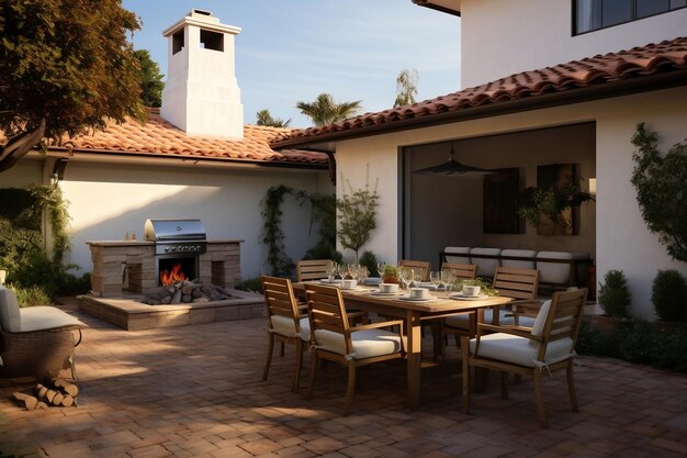 Visual Villa Comfort Backyard Oasis con chimenea y muebles generativos de Ai