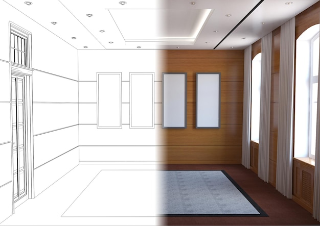 Visualisierung eines großen leeren Innenraums 3D-Illustration cg render
