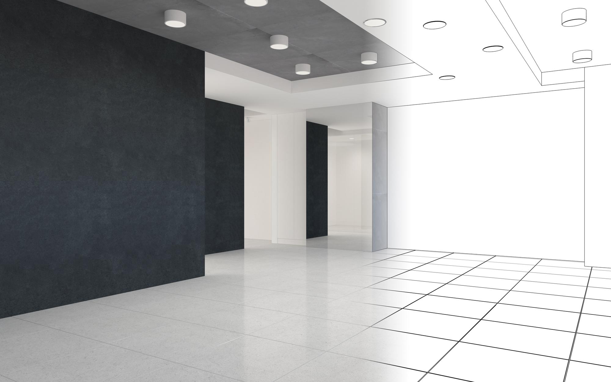 Visualisierung eines großen leeren Innenraums 3D-Illustration cg render