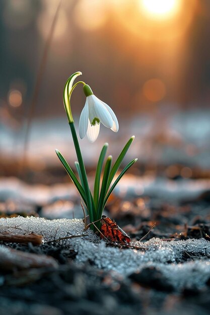 Foto visualiza un martisor elegante y sencillo junto a una sola gota de nieve en flor.